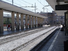 Wei gekalkter Schotter im Bahnhofsbereich in Salerno. Es soll wohl durch die offenen Zug-Toiletten bedingt sein...