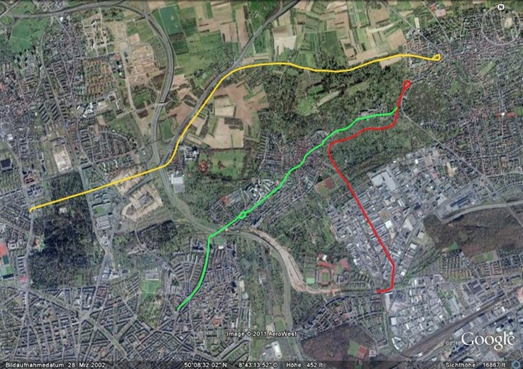 Trassenvarianten der Straßenbahn nach Frankfurt Bergen