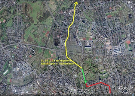Luftbild Mögliche Trasse der SL24 und SL 25.Momentan gibt es Planungen einer ähnlichen U-Bahn Trasse um die Eschersheimer Landstrasse vom Stadtbahnverkehr zu entlasten.